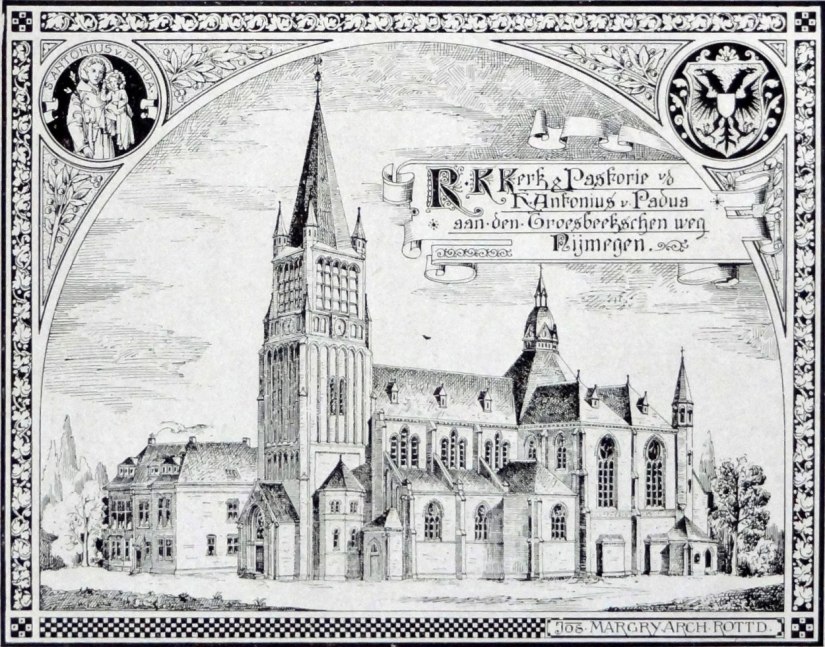 Antonius van Paduakerk, oorspronkelijke ontwerptekening met toren, architect Jos. Margry, Groesbeekseweg Galgenveld, 1916 (F87775 RAN)