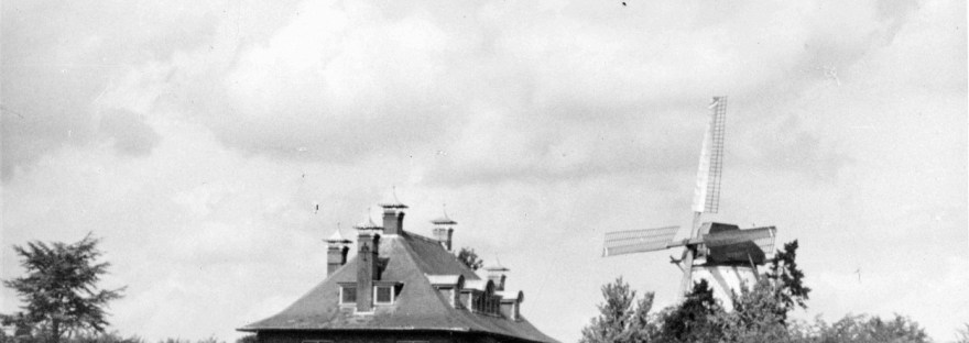 Kap en wieken, boven de bomen uit, van de Looimolen. Links van de molen de kap van het Klooster van de Congregatie Broeders van de H. Aloysius van Gonzaga, gevestigd in de voormalige Villa de Wolfskuyl (van 1932 tot 1942 het klooster van de Zusters Kanunnikessen van het Heilig Graf), Graafseweg 232, 1935 (GN1903 RAN) Wolfskuil