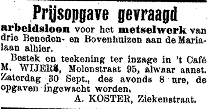 Advertentie metselwerk voor 3 Beneden- en Bovenhuizen aan de Marialaan (PGNC 27/9/1905)