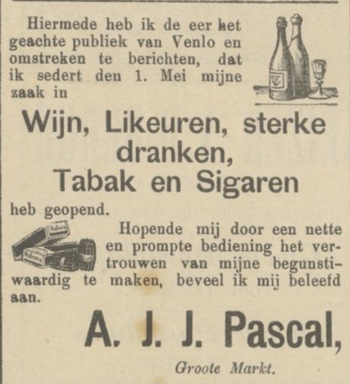 Advertentie opening A.J.J. Pascal op de Grote Markt in Venlo ( Venloosch weekblad,   3-5-1890)