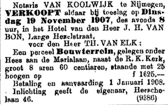 Erf van Ellk te koop, Marialaan (De Gelderlander 10/11/1907)