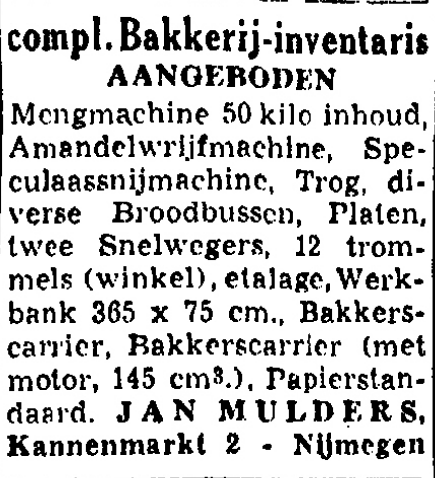 Advertentie inventaris Jan Mulders Kannenmarkt 2 (De Gelderlander 10/11/1954)