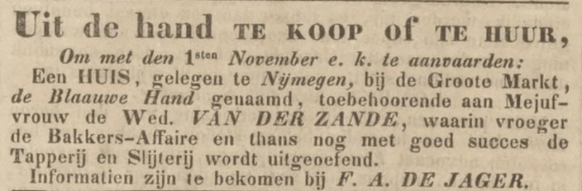 De Blaauwe Hand te koop (PGNC 11-9-1847)