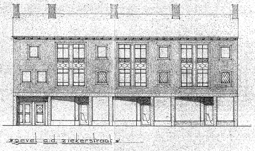 Schetsontwerp v.e. magazijn en drie winkelhuizen a.d. Ziekerstraat te Nijmegen, arch. Bureau J. Coumans Nijmegen, datum tekening 4-12-1951 (D12.418118)