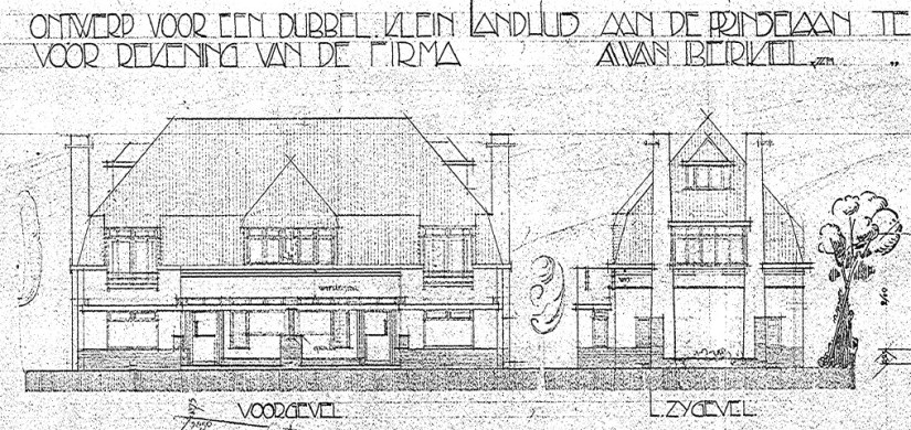 Prinsenlaan 3-5: Ontwerp voor een dubbel klein Landhuis aan de Prinselaan te Nijmegen voor rekening van de Firma A. v. Berkel N.Nonnendaalsche Weg 161, A. v.d. Kloot Architect, behoort bij bouwaanvraag 2-8-1928 (D12.393295)