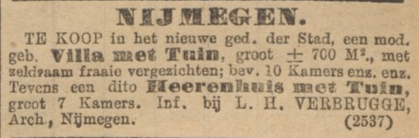 Advertentie L.H. Verbrugge voor een Villa met Tuin (Algemeen Handelsblad, 4-2-1892)