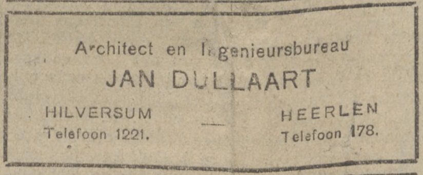 Advertentie Jan Dullaart in Hilversum en Heerlen (Limburgsch dagblad, 22-5-1920)