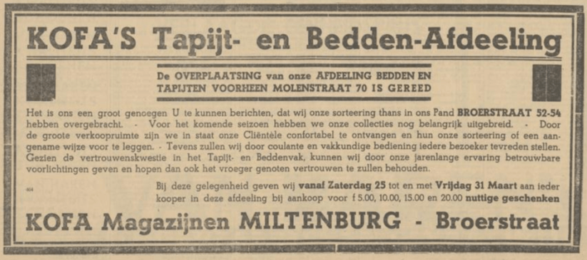 Advertentie overplaatsing Kofa Miltenburg naar de Broerstraat (PGNC, 24-3-1933)