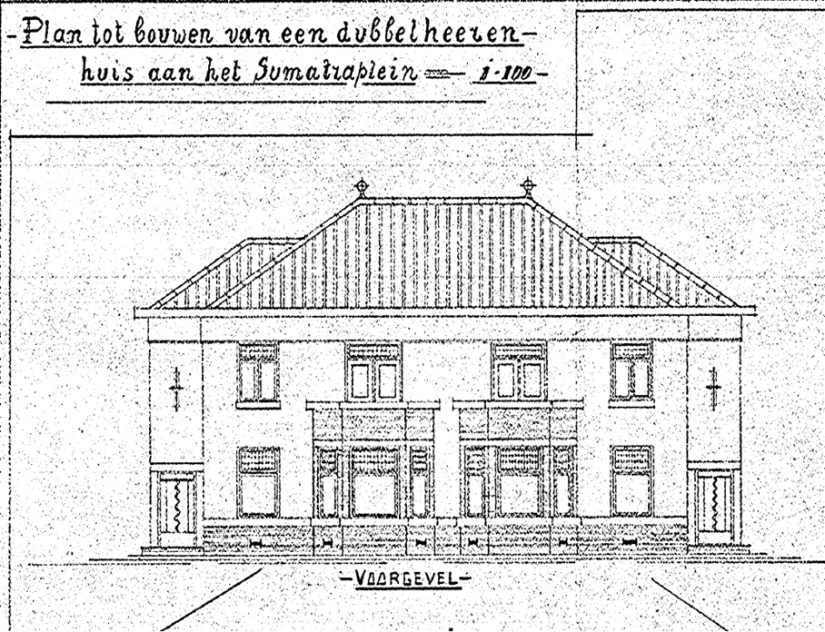 Plan tot het bouwen van een dubbelheerenhuis aan het Sumatraplein, A.J.W. Grandjean P.C., datum op tekening 13 of 17 April 1926, Sumatraplein 24-26 (huidig) (D12.391100)