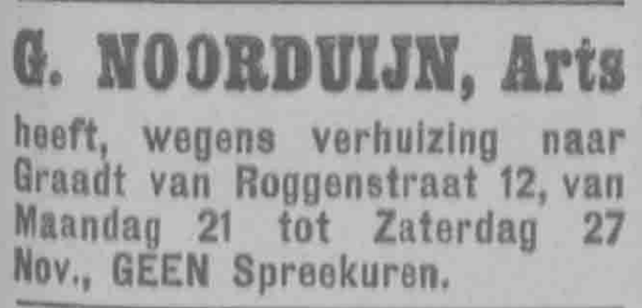 Advertentie G. Noorduijn, arts (PGNC 20/11/1920)