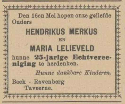 aankondiging 25-jarig huwelijk Merkus en Lelieveld (PGNC, 10-5-1914)