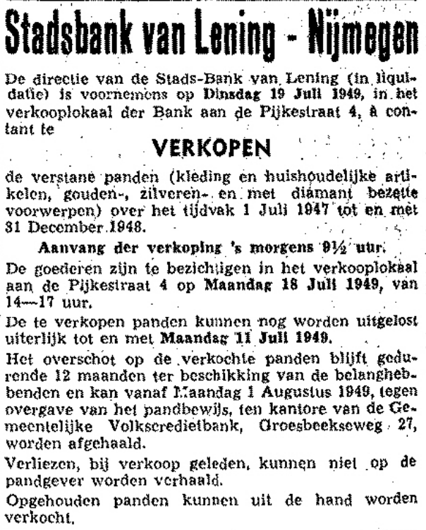 Stadsbank van Lening: een van de laatste verkopingen? (De Gelderlander 2/7/1949)