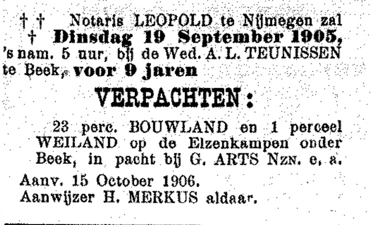Advertentie waarin H. Merkus aanwijzer is (PGNC 10/9/1905)