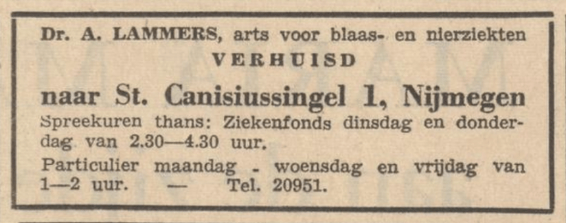 Advertentie verhuizing A. Lammers, arts (Nijmeegsch dagblad, 16-4-1960)