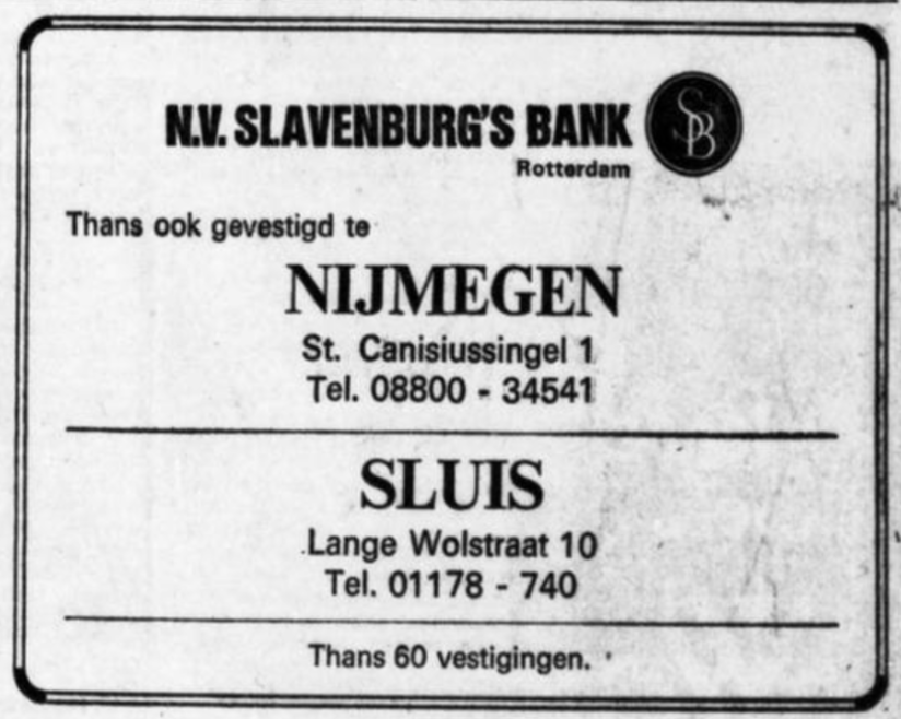Advertentie vestiging Slavenburg's Bank in Nijmegen (De Telegraaf, 4-11-1969)