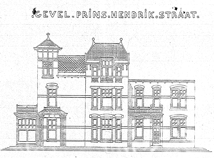 Bouw 3 woonhuizen, St. Canisiussingel 23 25 en 27 (huidig), gevel Prins Hendrikstraat, datum bouwdossier 7-8-1906 (D12.379333)