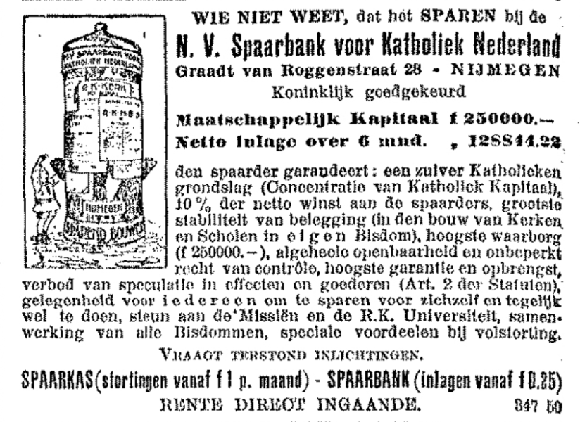 Advertentie N.V. Spaarbank voor Katholiek Nederland (De Gelderlander 9/9/1922)