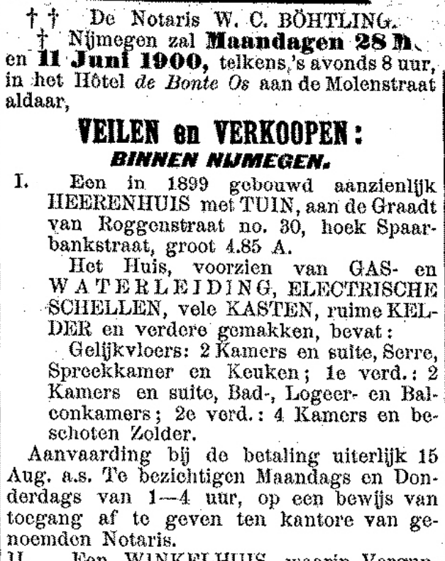 Aankodiging verkoop Graadt van Roggenstraat 30 (PGNC 20/5/1900)