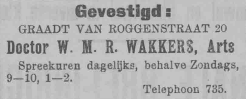 Advertentie vestiging M.R. Wakkers, Arts (PGNC 5/10/1907)