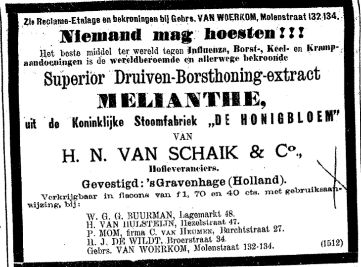 Advertentie Melianthe, onder andere te koop bij H. van Hulsteijn. (De Gelderlander 29/4/1898)
